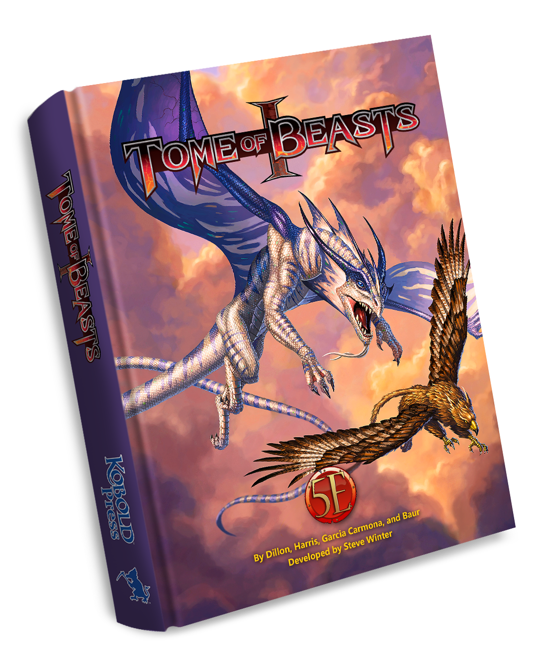 A Kobold Press Tome of Beasts book with a blue dragon and an eagle flying through clouds on its cover