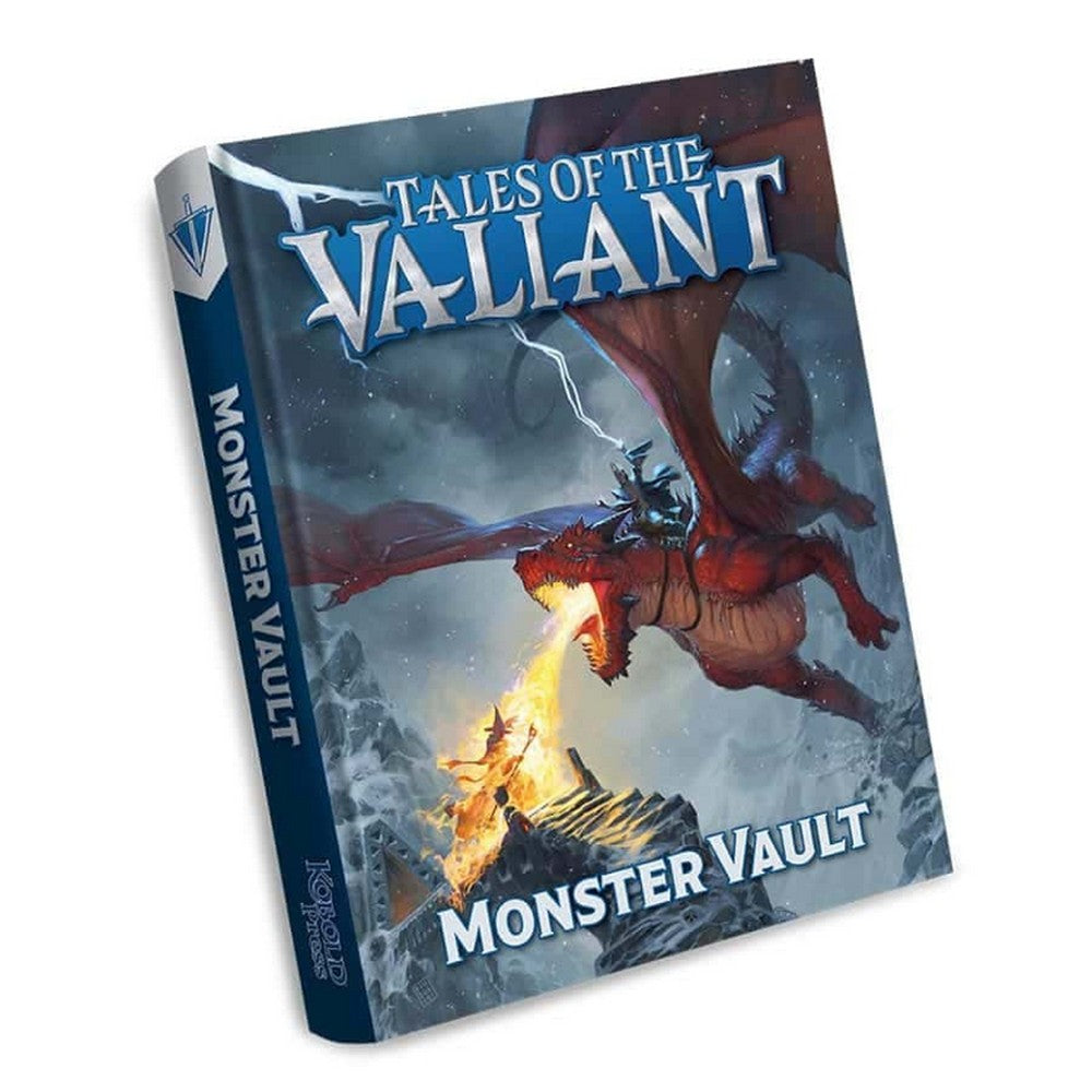Book cover: Tales of the Valiant: Monster Vault. A red dragon breathes fire at a wizard on a rocky peak