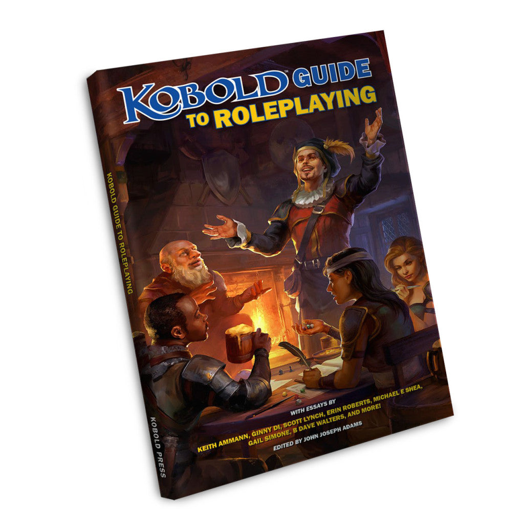 The Kobold Guide to Roleplaying book cover shows a group of diverse characters engaged in a tabletop roleplaying game around a firelit table