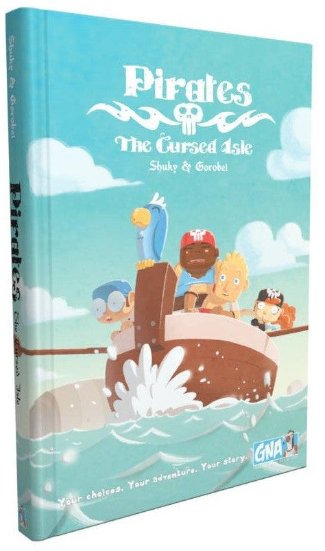 Pirates The Cursed Isle board game box featuring cartoon pirates on a ship in rough seas under a cloudy sky
