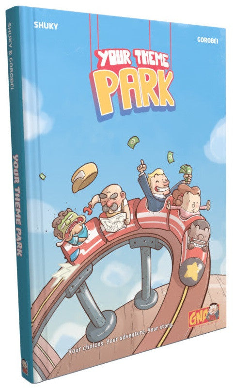 Hardcover graphic novel Your Theme Park featuring people on a rollercoaster and money flying