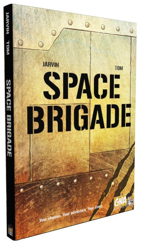 Space Brigade game book with metal plating design featuring the title in stenciled black font and author names Tom and Jarvin above