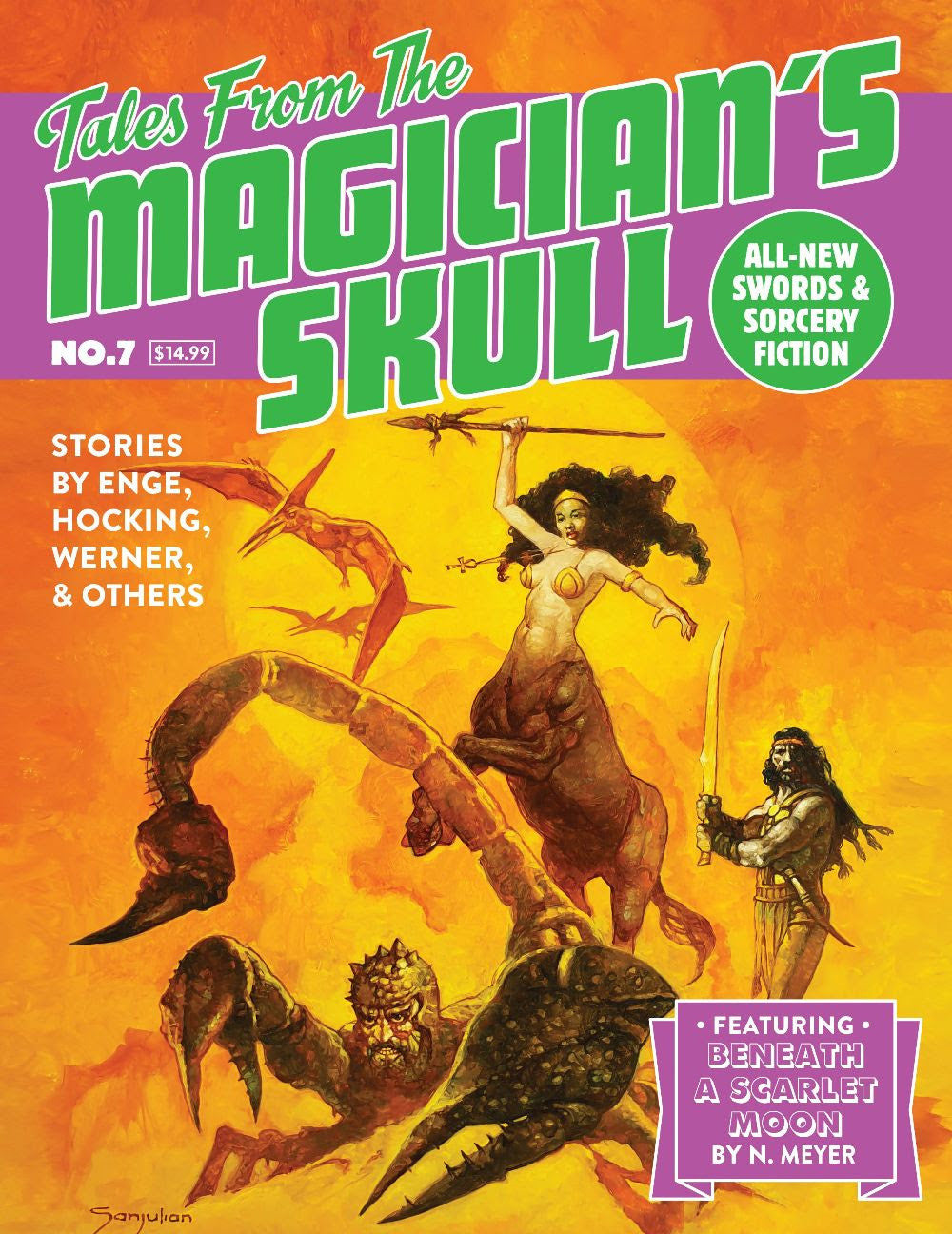 Fantasy pulp magazine cover with scorpion-man, winged lizard, and centaur creatures