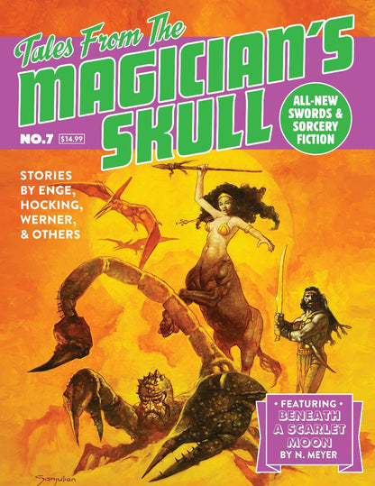 Fantasy pulp magazine cover with scorpion-man, winged lizard, and centaur creatures