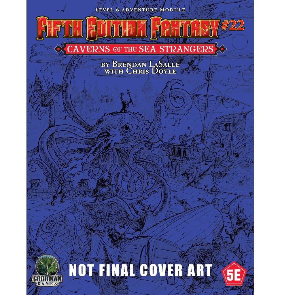 Blue line art: A giant kraken attacks a sunken ship & ruins. Warriors battle it. Fifth Edition Fantasy