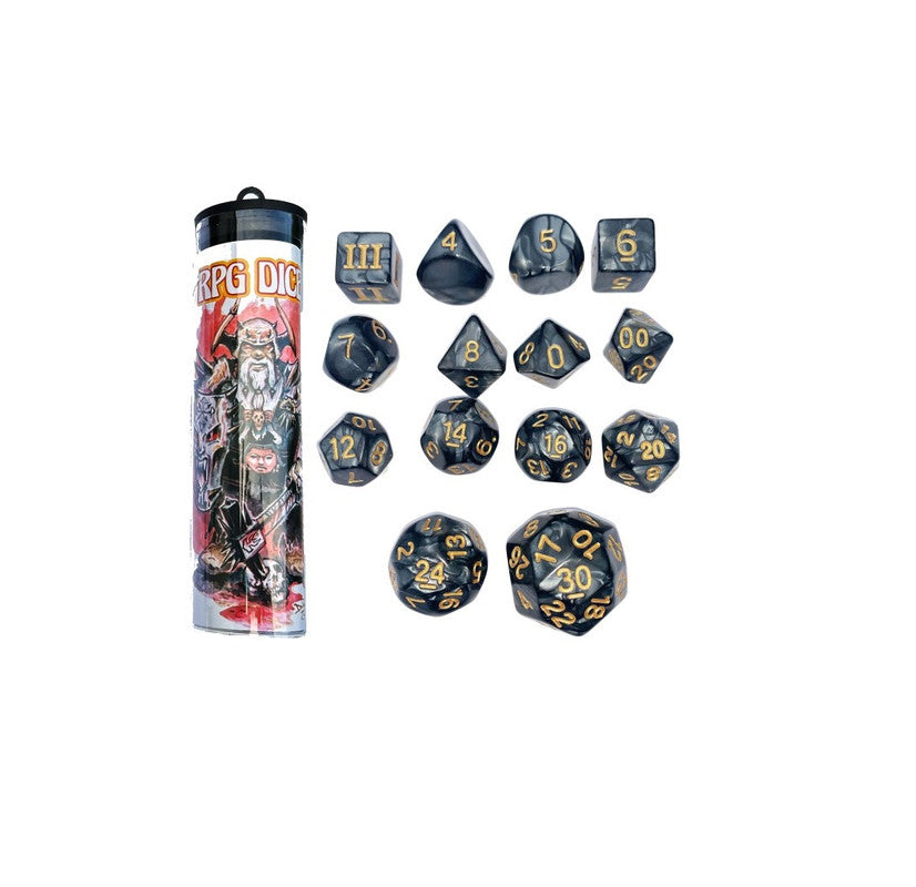 Set of dark grey polyhedral RPG dice with gold numbers, beside a clear cylinder labeled "RPG DICE" featuring fantasy artwork