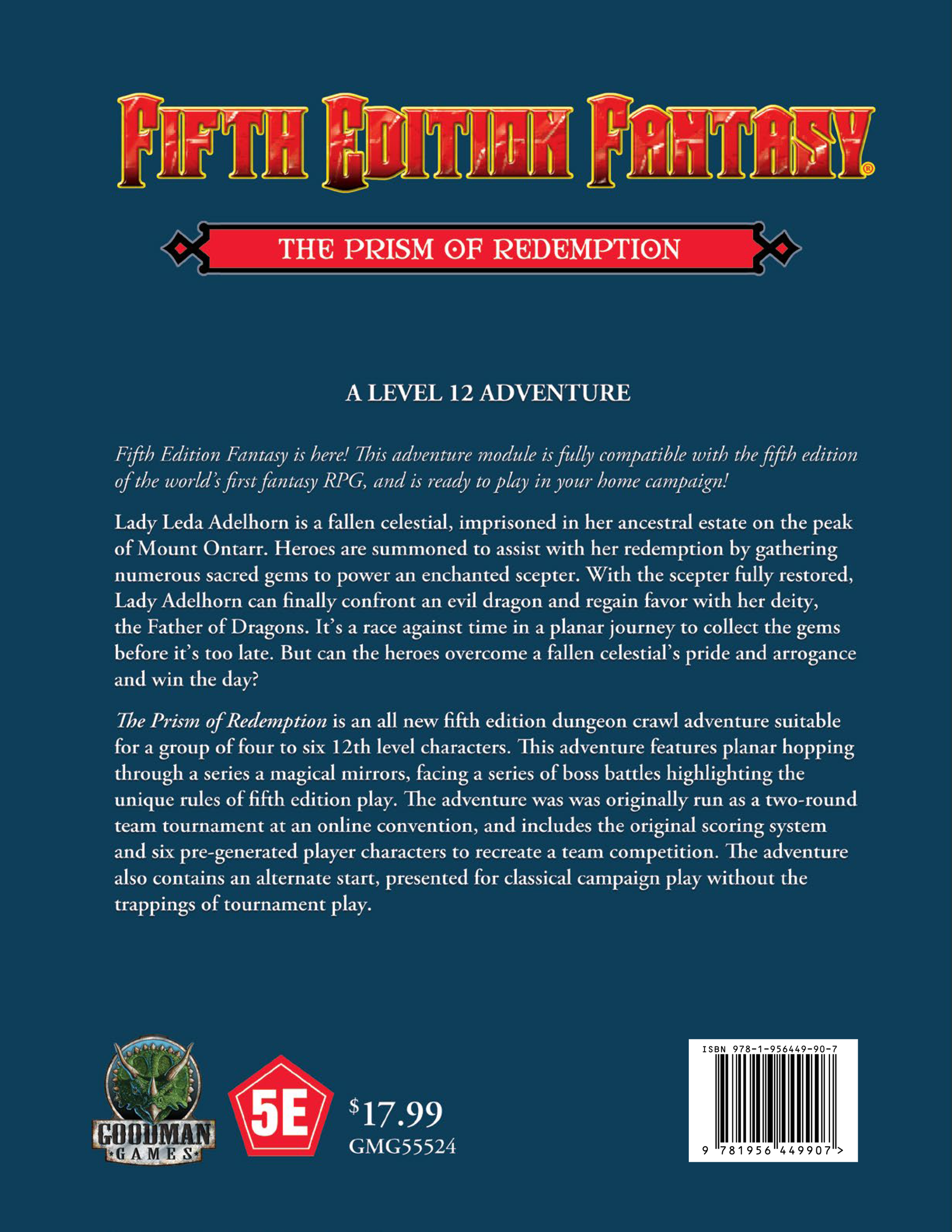 Back cover for the Fifth Edition Fantasy RPG module "The Prism of Redemption," showing title, adventure synopsis, 5E logo, price, and barcode