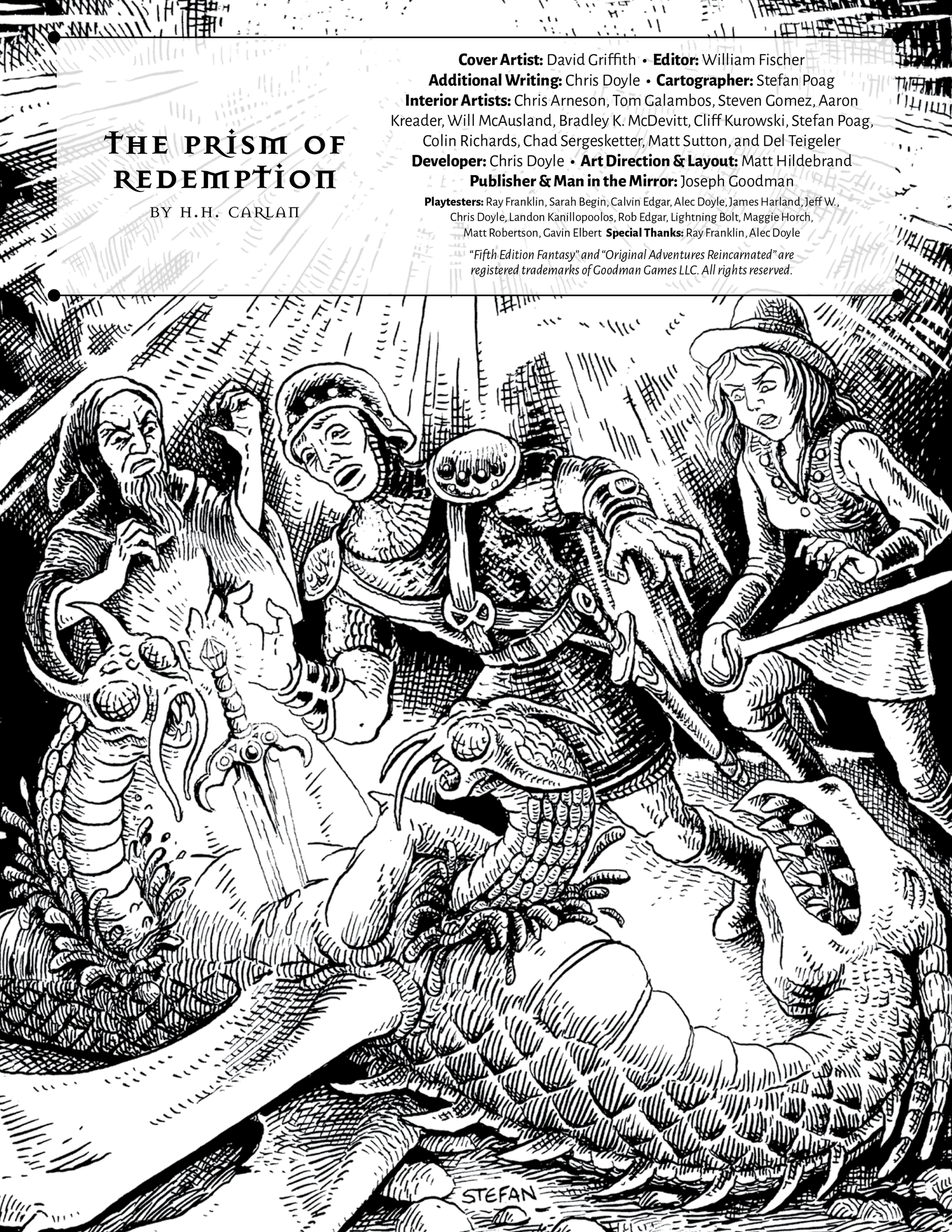 Fantasy illustration: A wizard, warrior, and female fighter battle a multi-headed serpent monster with swords and magic