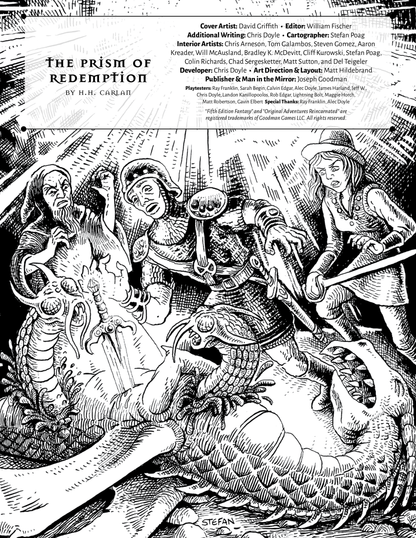Fantasy illustration: A wizard, warrior, and female fighter battle a multi-headed serpent monster with swords and magic