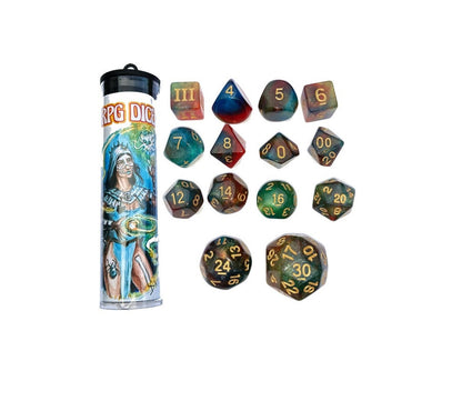Iridescent polyhedral RPG dice with gold numbers, displayed with a clear "RPG DICE" tube featuring fantasy art