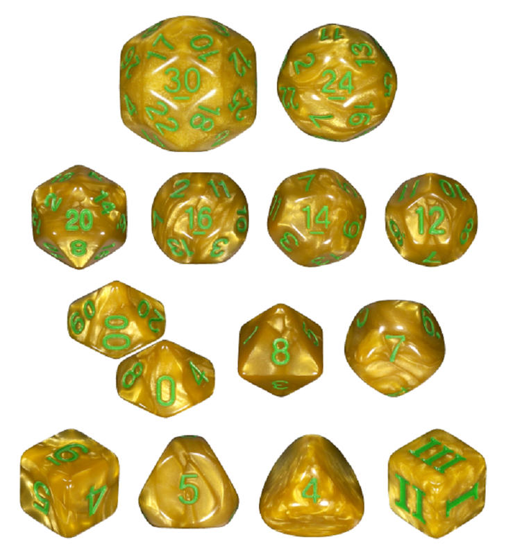 Swirling gold polyhedral dice set with vibrant green numbers for tabletop RPGs and gaming