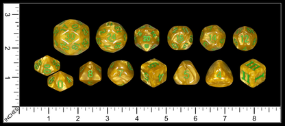 A 14 iridescent gold polyhedral RPG dice, numbered in bright green, features a D4, D6, D8, D10, D12, D20, D24, D30, and percentile dice, displayed on a black background with a ruler