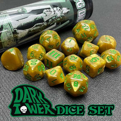 Amber gold polyhedral dice set with green numbers, next to a black tube featuring a warrior illustration, and a "Dark Tower Dice Set" logo
