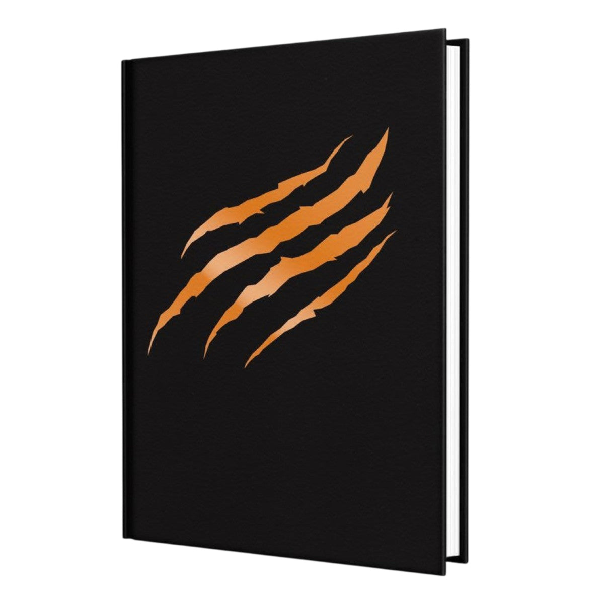 A black book stands with four orange, diagonal claw marks on its cover