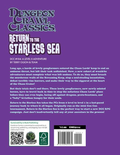 The purple cover of the Dungeon Crawl Classics Return to the Starless Sea book, DCC #104, displays the title in white with a summary of the adventure