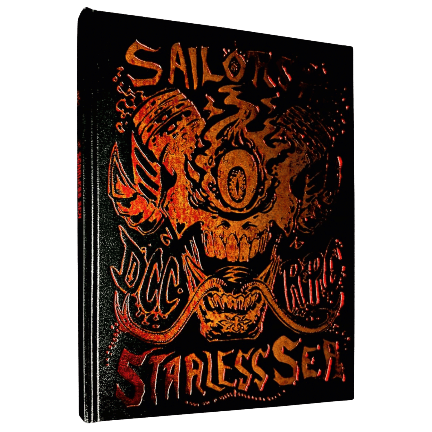 An angled view of the Sailors on the Starless Sea Hardcover Book, a black foil edition with an orange monstrous cyclops skull design and lettering