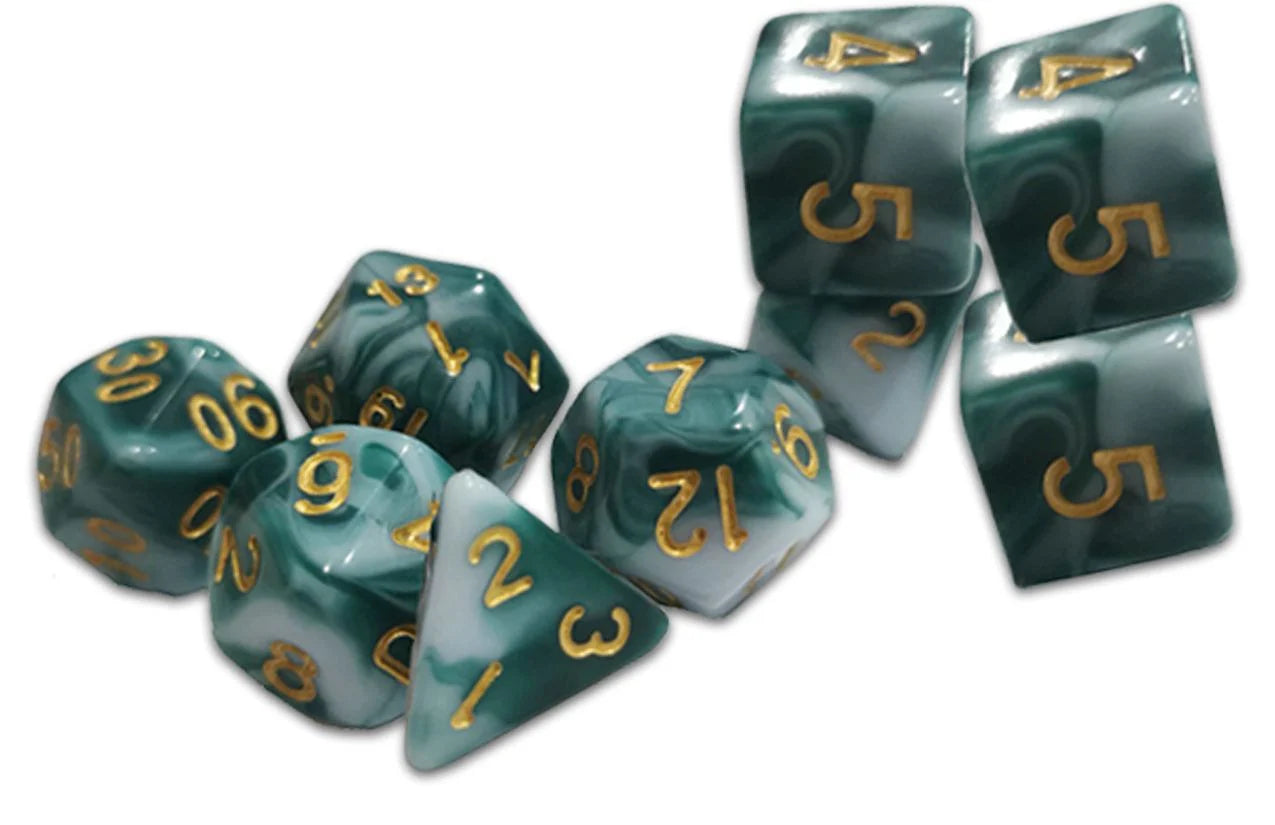 A traditional 9-set of DCC RPG Dice Thracian Smoky Sacrifice features swirled green and white marbled dice with golden numbers on a white background