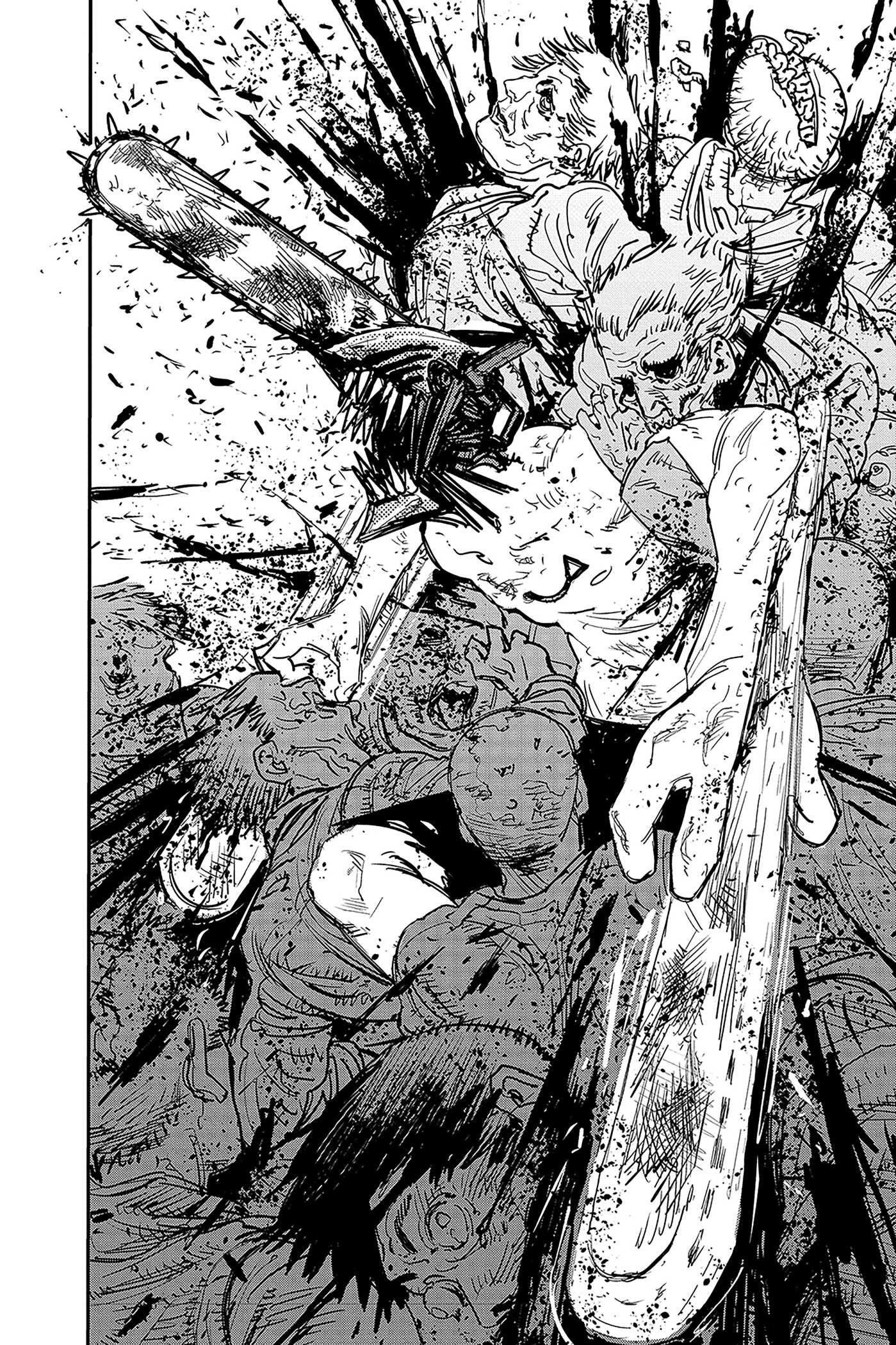 A chainsaw-headed figure brutally dismembers multiple enemies with its chainsaw arm, amidst a chaotic spray of blood and gore