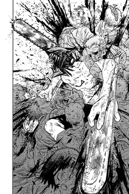 A chainsaw-headed figure brutally dismembers multiple enemies with its chainsaw arm, amidst a chaotic spray of blood and gore