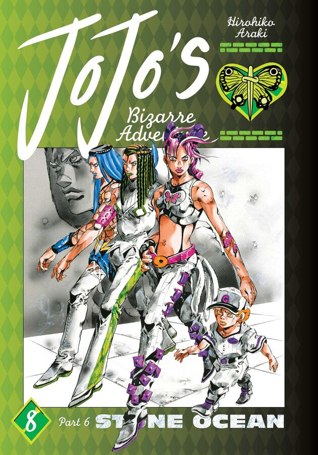 The JoJo's Bizarre Adventure Part 6 Stone Ocean Volume 8 book cover shows four distinct characters advancing, including a woman with pink hair, and a green butterfly symbol