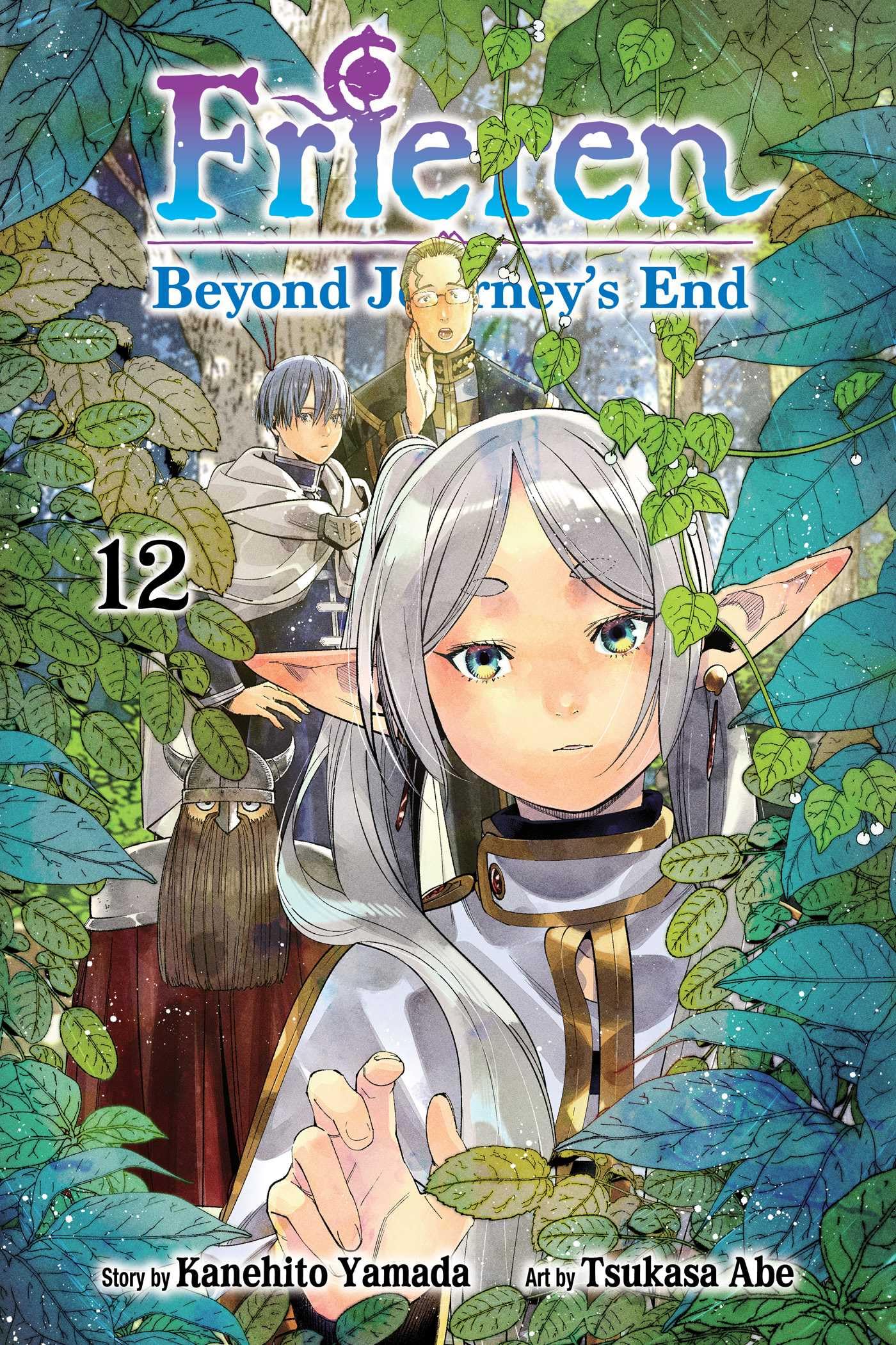 The Frieren Beyond Journey's End Volume 12 book cover shows an elf with long silver hair and three companions, framed by lush green and blue foliage