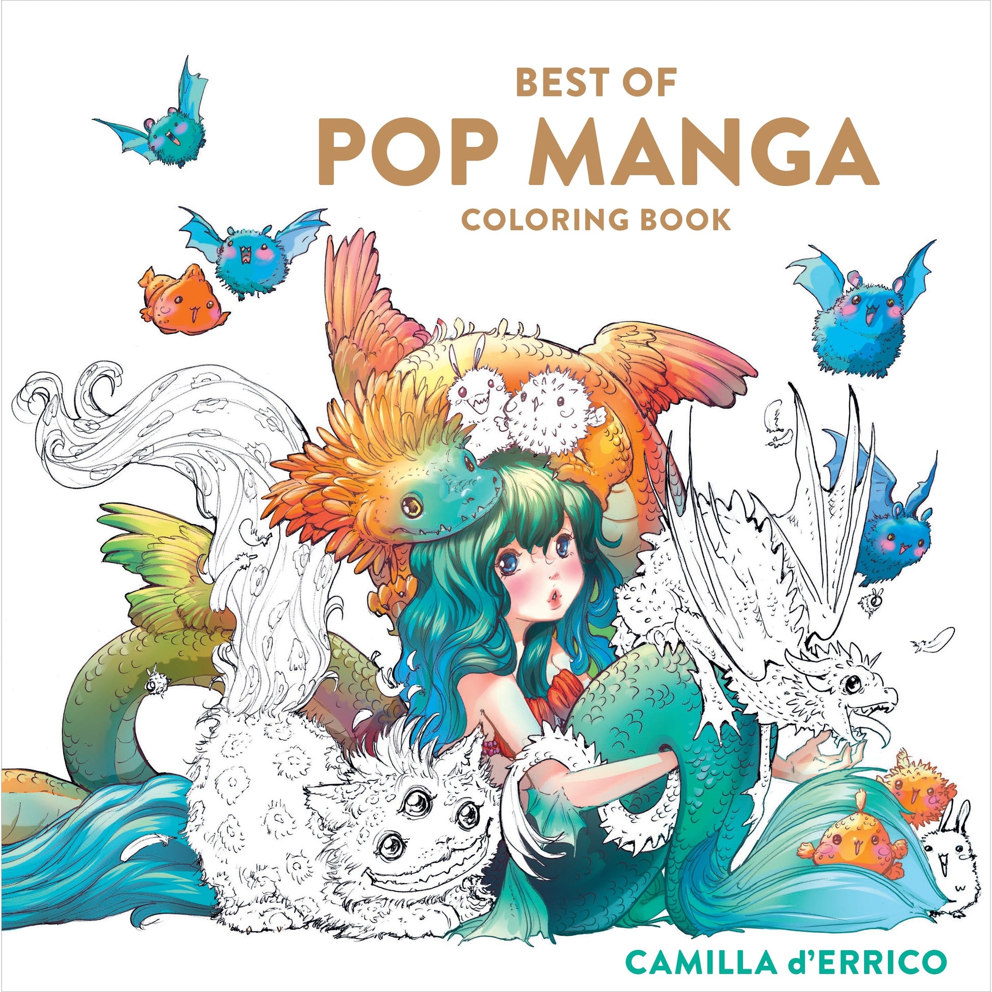 Best of Pop Manga coloring book cover: Girl with blue hair, colorful dragons, and line art fantasy creatures, including bats