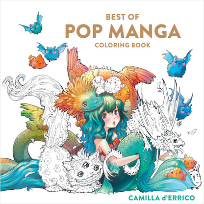 Best of Pop Manga coloring book cover: Girl with blue hair, colorful dragons, and line art fantasy creatures, including bats