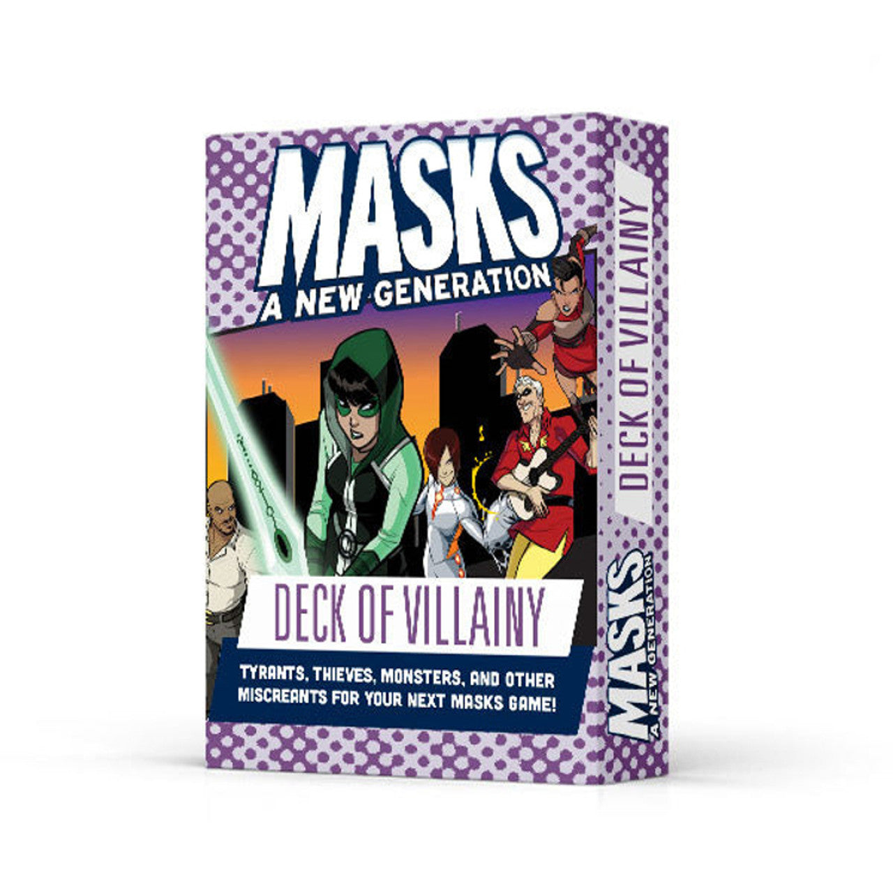 An upright box for the Masks A New Generation Deck of Villainy game displays colorful comic art of villains, including a hooded woman with a glowing sword and a guitarist, over a city skyline