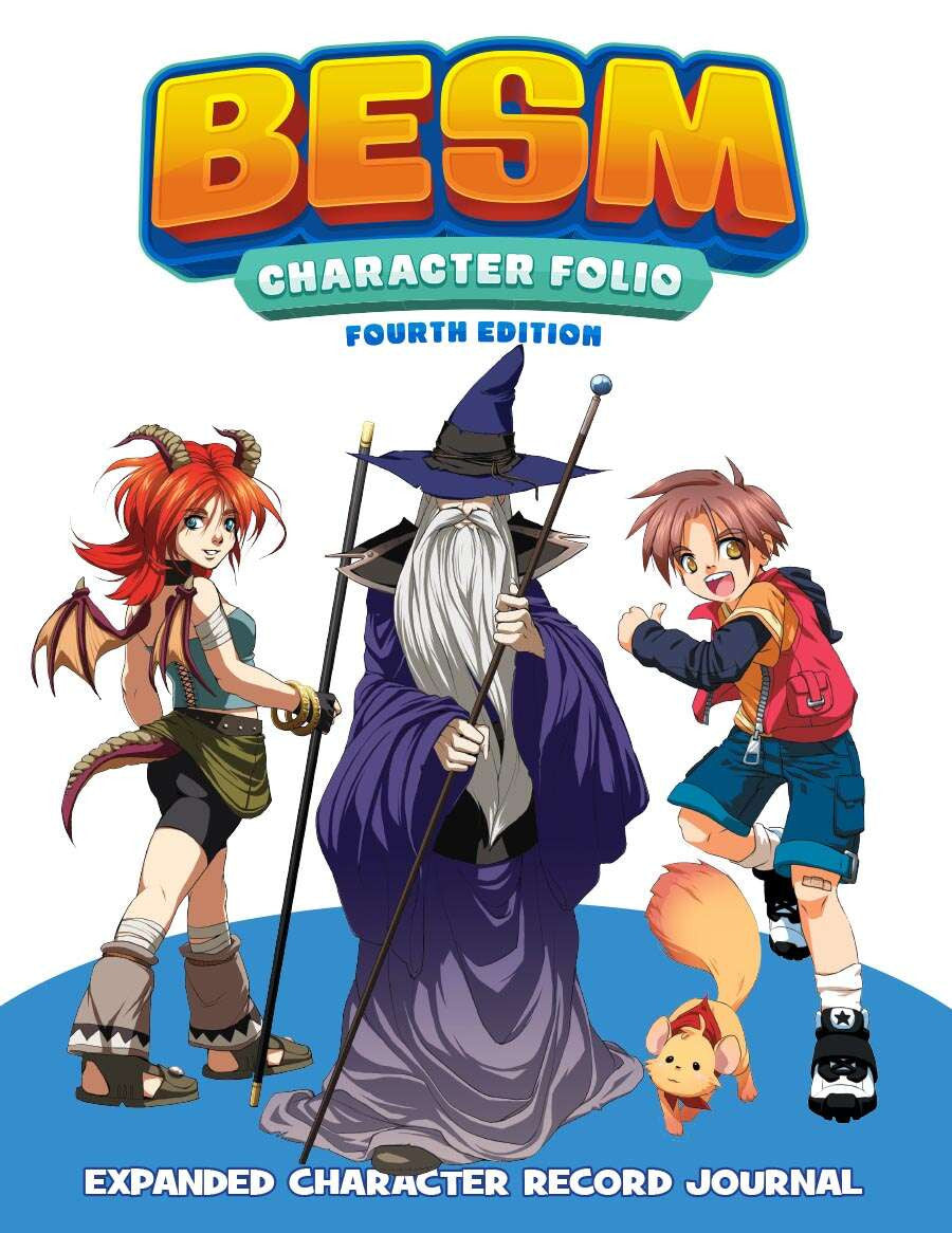 Colourful BESM Character Folio game cover with a wizard anime woman with horns and wings and boy with a squirrel
