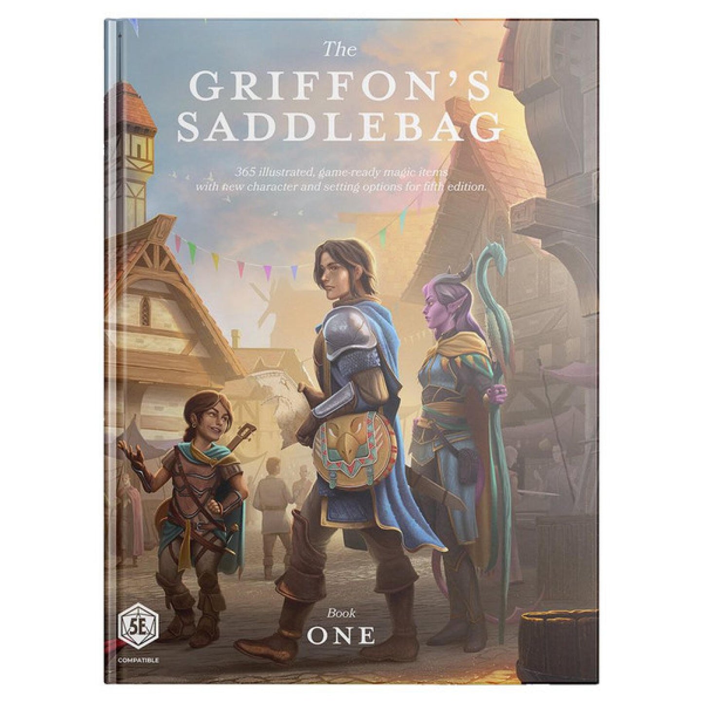 The Griffon's Saddlebag book cover: A man wearing a griffin-emblazoned saddlebag walks with a smiling halfling and a purple elf in a market.