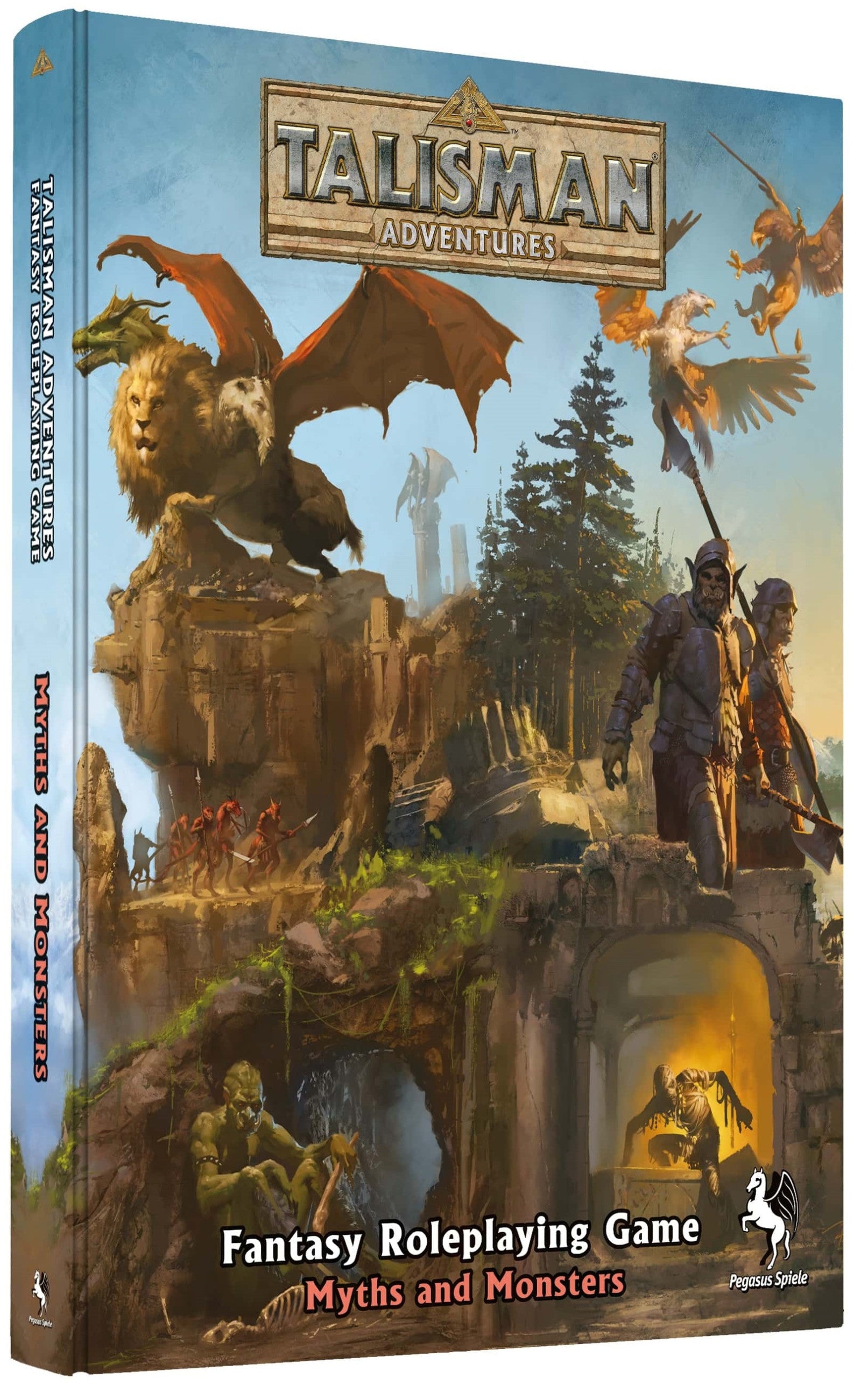 Book cover of "Myths and Monsters: Talisman Adventures RPG" featuring fantasy artwork