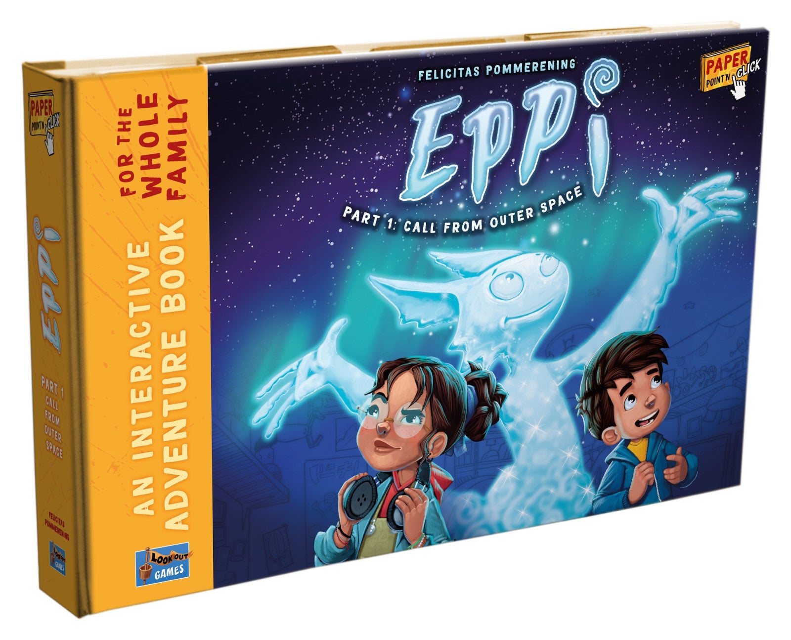 Box cover of the board game Eppi showing a whimsical fantasy landscape with a rocket ship launching into a starry sky