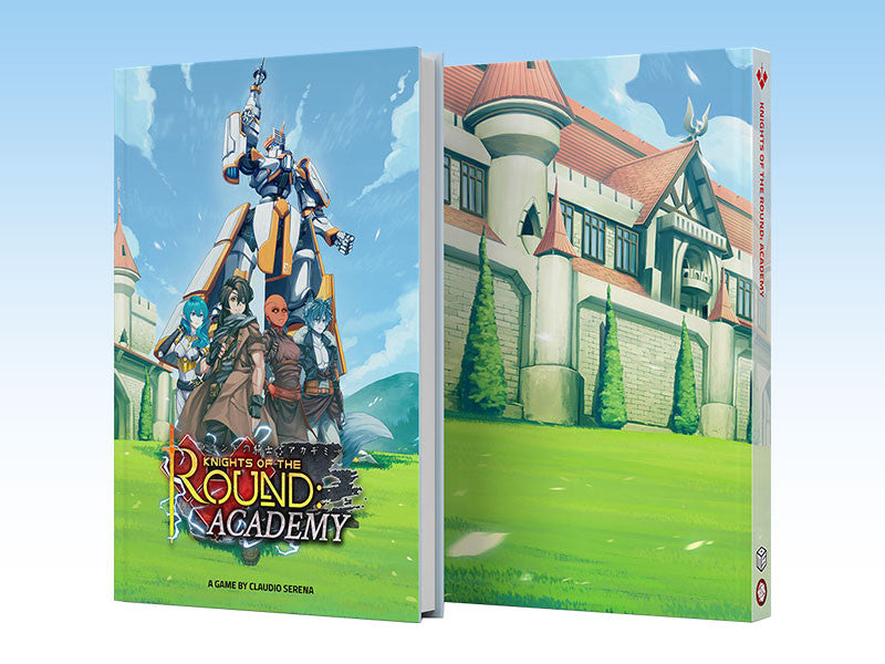 Front cover of the "Knights of the Round: Academy" roleplaying game book featuring anime-style characters in school uniforms posed heroically, with a magical academy in the background and stylized title text at the bottom