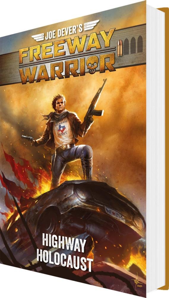 The Freeway Warrior gamebook cover features a man with a pistol and rifle standing on a burning car amidst fiery chaos, with Highway Holocaust title