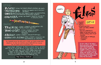 Two open pages of a role-playing game book showing character stats, skills, a sword illustration, and an elf character with information about elves