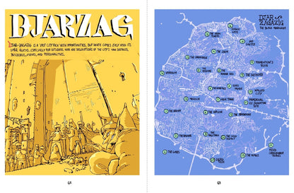 Two book pages display, the left a yellow illustration of a fantasy city market with people, the right a blue map of Djar Zagazig with 26 numbered districts