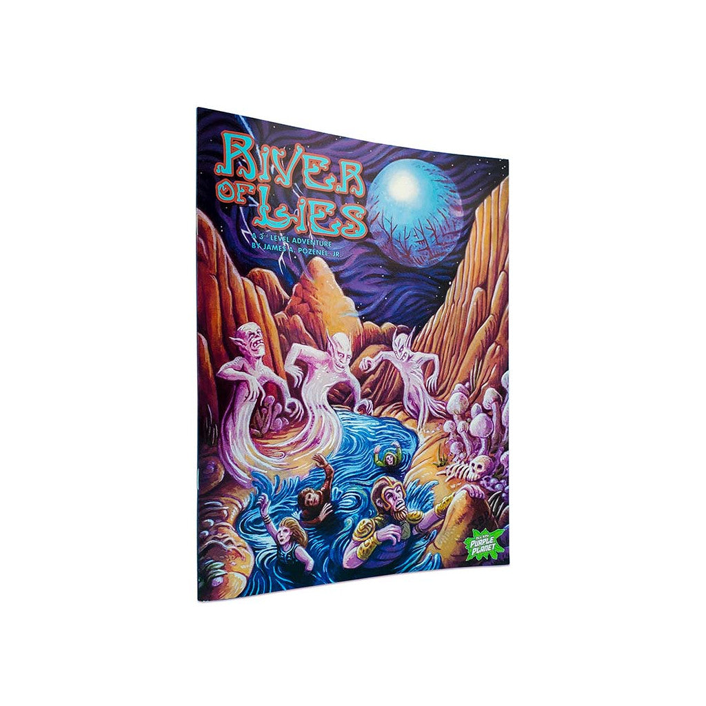 The cover of the River of Lies book depicts ghoulish figures emerging from a river where people struggle, under a large moon and rocky landscape