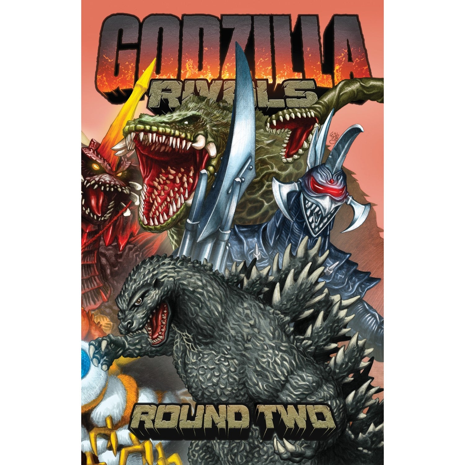 Comic cover: Godzilla and several monstrous kaiju, including Gigan, roar fiercely. Title: Godzilla Rivals Round Two