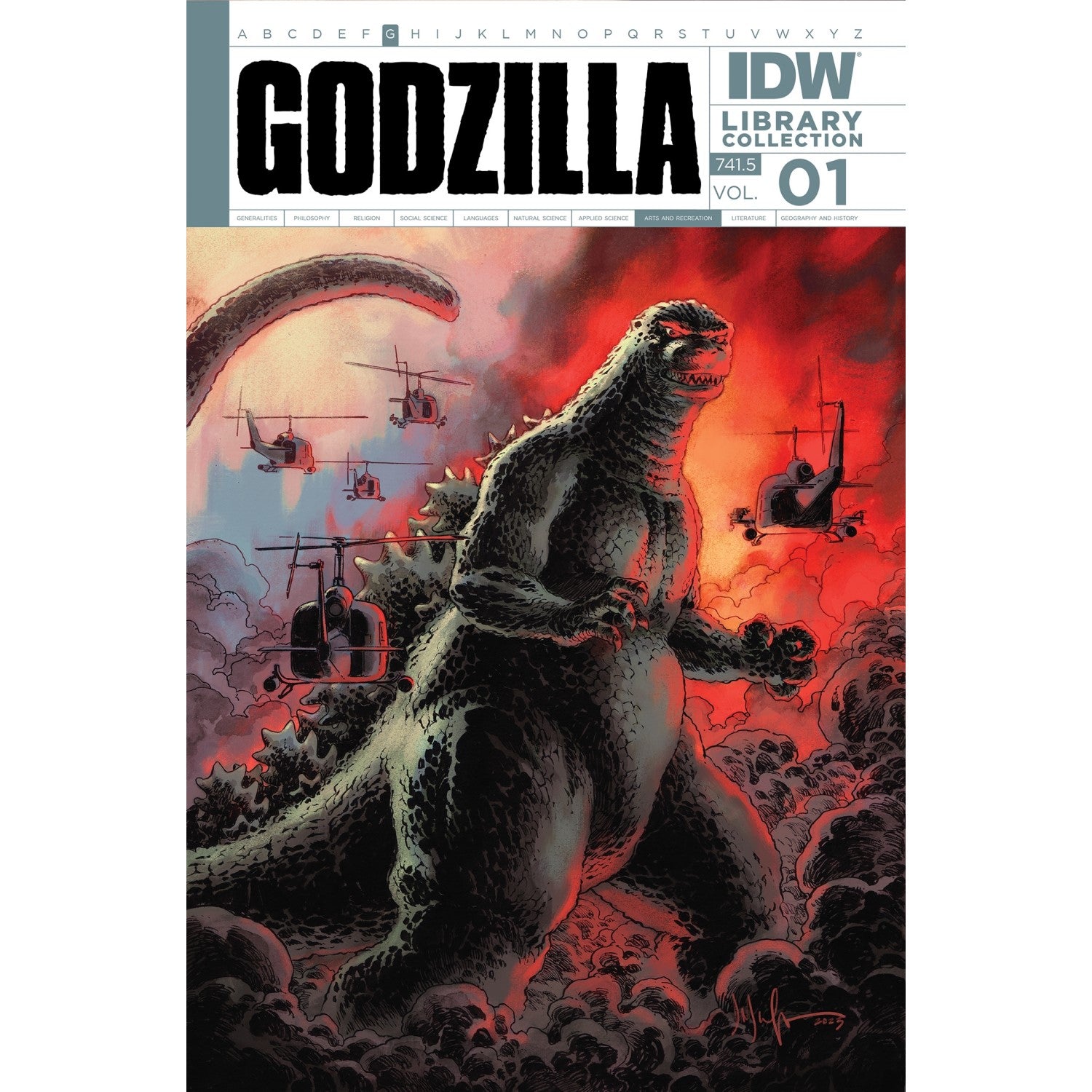 Godzilla comic cover: Giant monster walks through red smoke, surrounded by helicopters