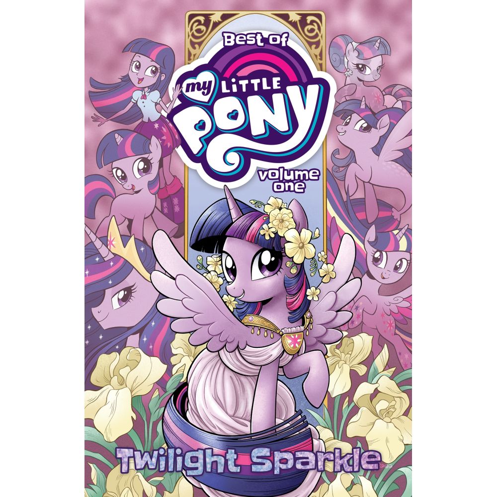 Cover for "Best of My Little Pony Volume One: Twilight Sparkle". Purple alicorn Twilight in a white gown and flower crown, with smaller versions