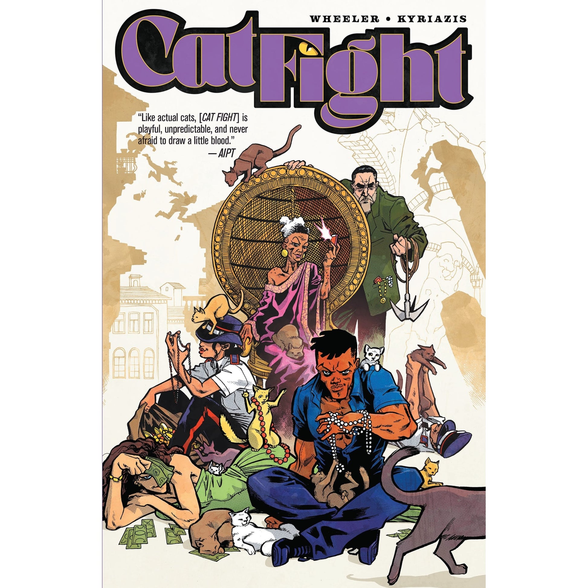 Comic cover for "Cat Fight" depicts a diverse group of people and many cats in a chaotic scene, with falling figures in the background