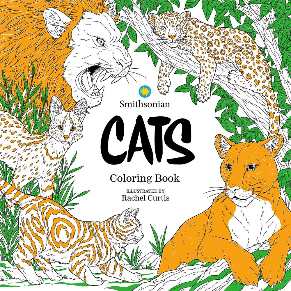 Smithsonian Cats Coloring Book cover with a roaring lion, sleeping leopard, and other wild cats, some partially colored