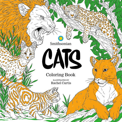 Smithsonian Cats Coloring Book cover with a roaring lion, sleeping leopard, and other wild cats, some partially colored