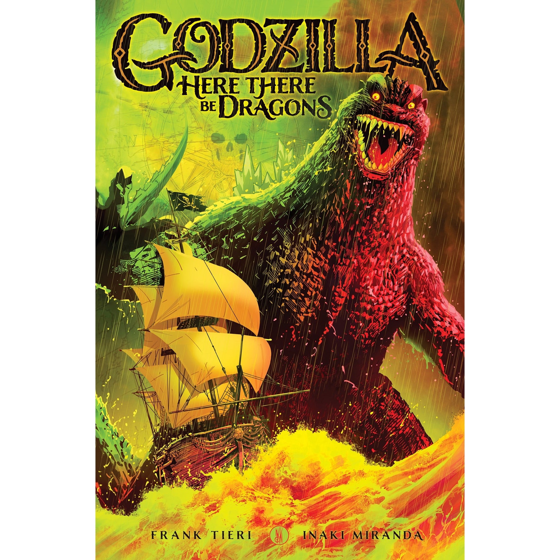 Godzilla, a giant red and green monster, roars beside a pirate ship in a stormy sea with massive waves