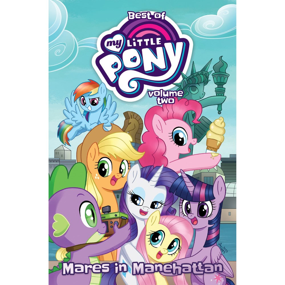 My Little Pony characters and Spike pose in a city resembling New York. Spike holds a camera. Title: Mares in Manehattan