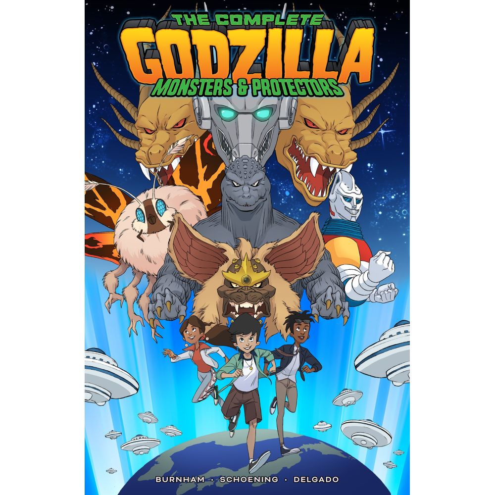 Godzilla Monsters & Protectors comic cover: Godzilla, Mothra, and other kaiju overlook children running from UFOs