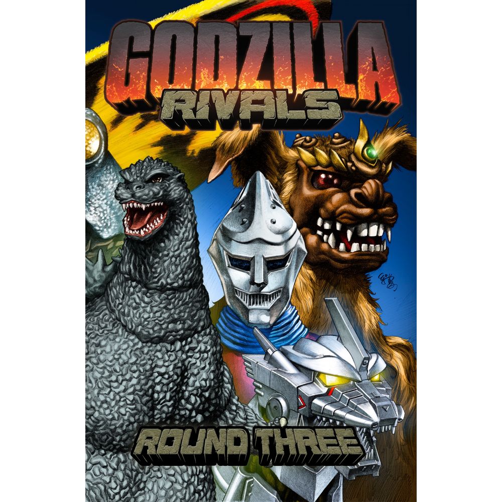 Godzilla Rivals Round Three comic cover features Godzilla, Mechagodzilla, King Caesar, and Kiryu