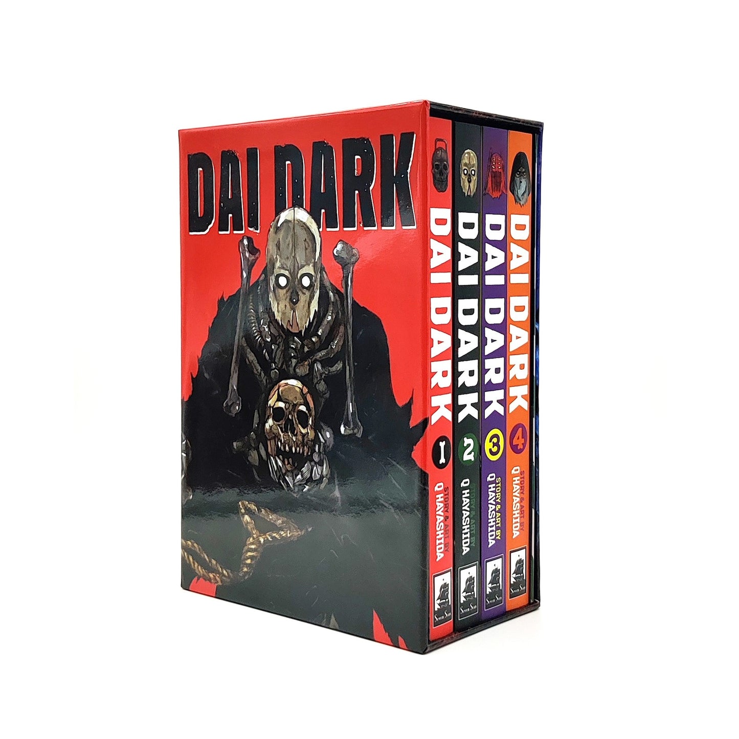 A red Dai Dark Vol 1-4 Book Box Set features a skeletal figure on its cover and the spines of four books numbered 1 to 4 in various colors