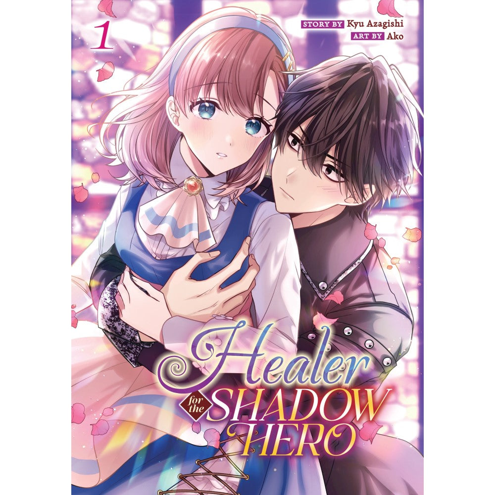Healer for the Shadow Hero Manga cover: A blushing pink-haired woman is held from behind by a dark-haired man; pink petals fall around them