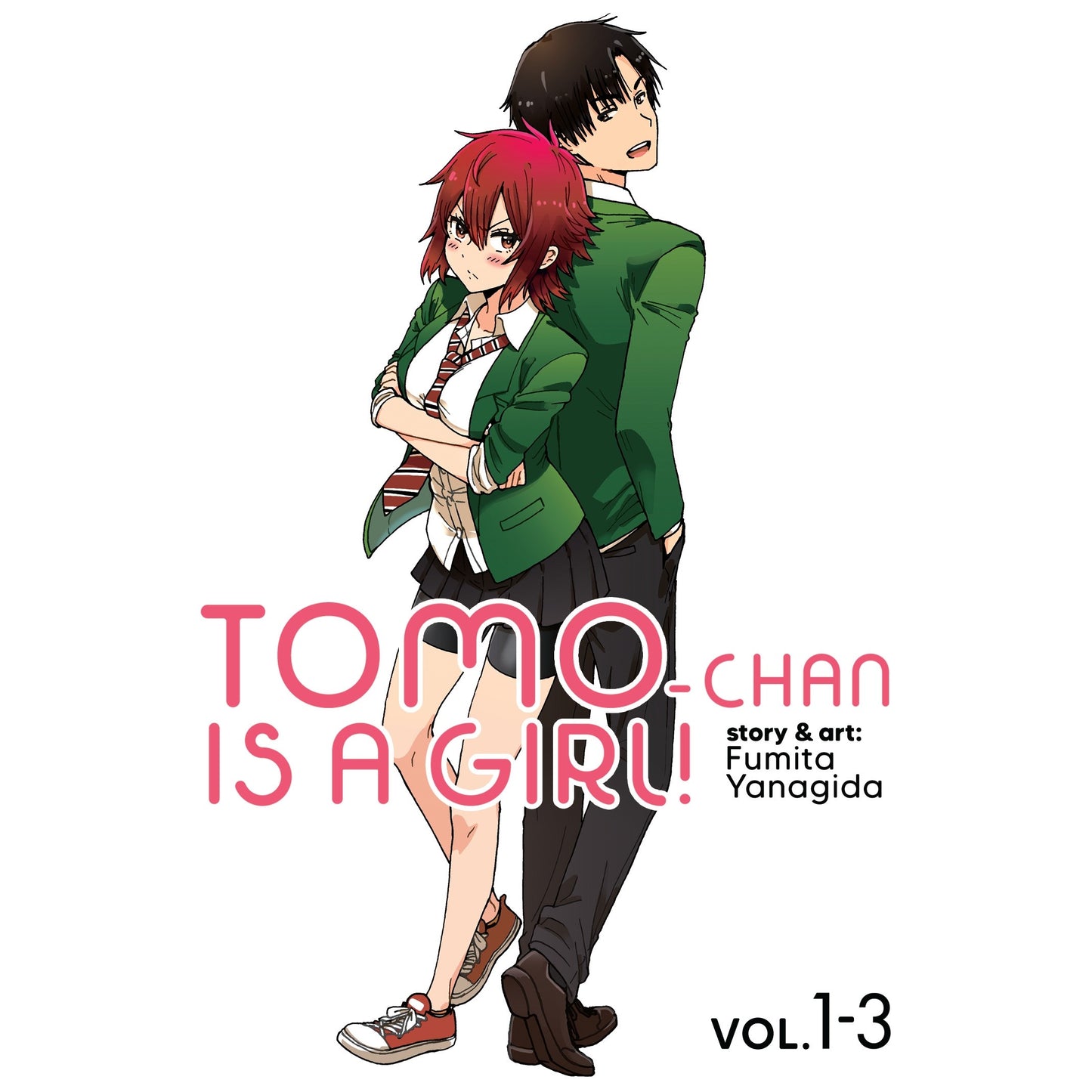 Tomo-Chan is a Girl! Volumes 1-3 features a red-haired girl and a black-haired boy in green school uniforms standing back-to-back
